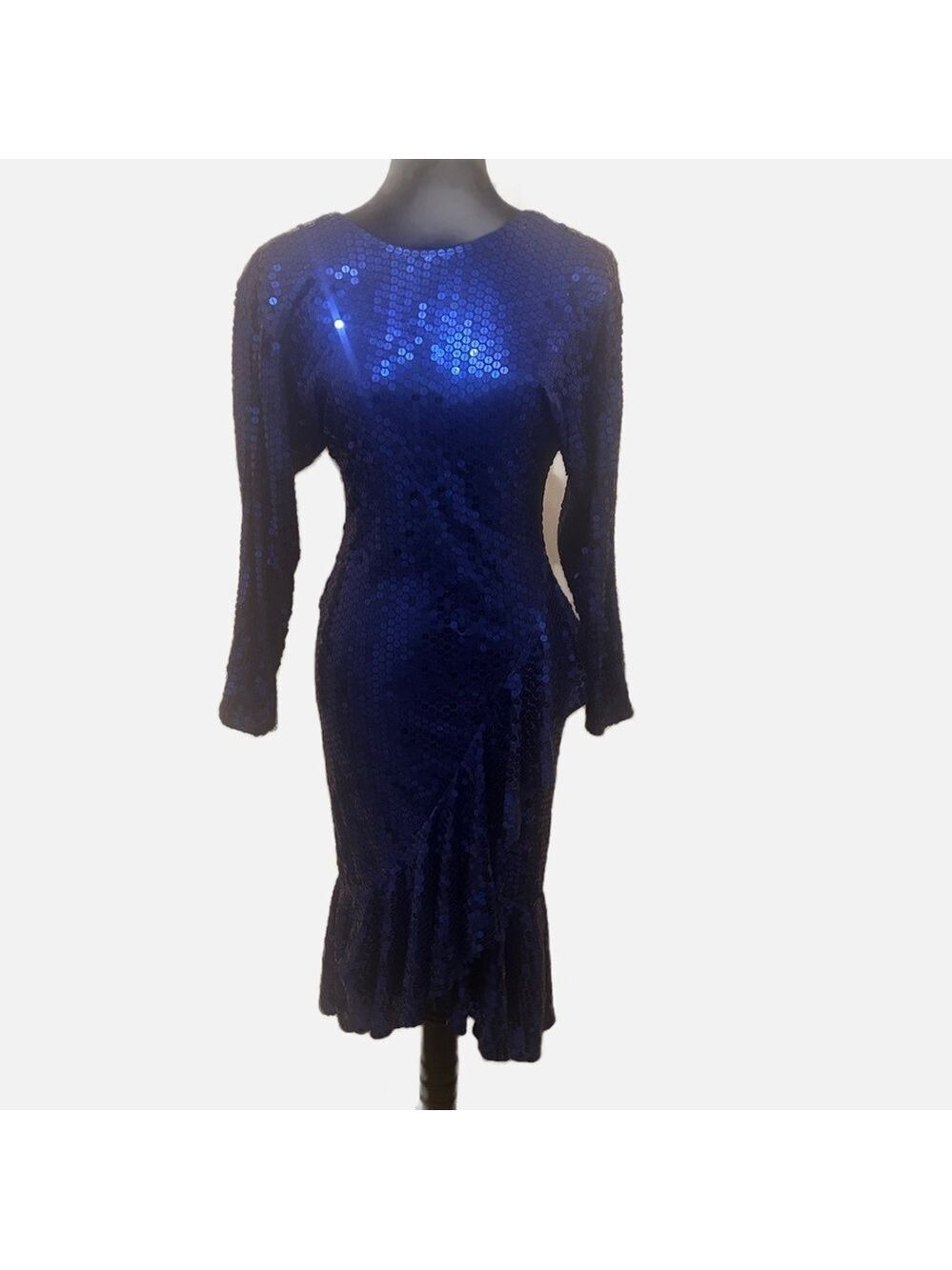 Vintage Oleg Cassini Elegant Blue Sequin 80s Disco Cocktail Party Dress Sz 6
